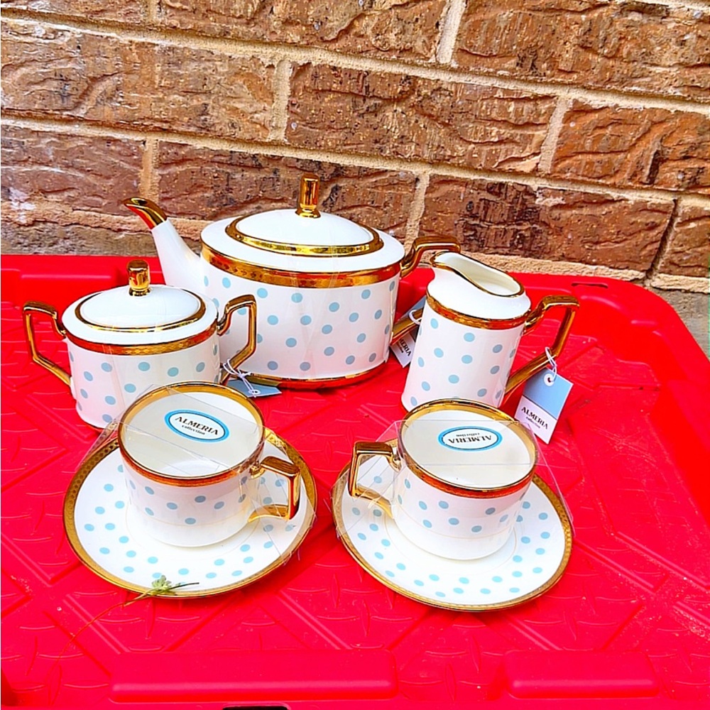 Alhambra Porcelain Tea Set with Blue Polka Dots and Gold Trim